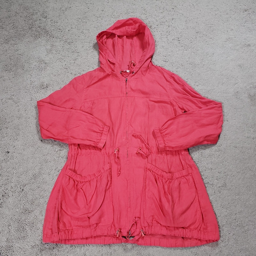 Eileen Fisher Jacket Womens S Red Irish Linen Anorak Hood Cinch Waist Chore